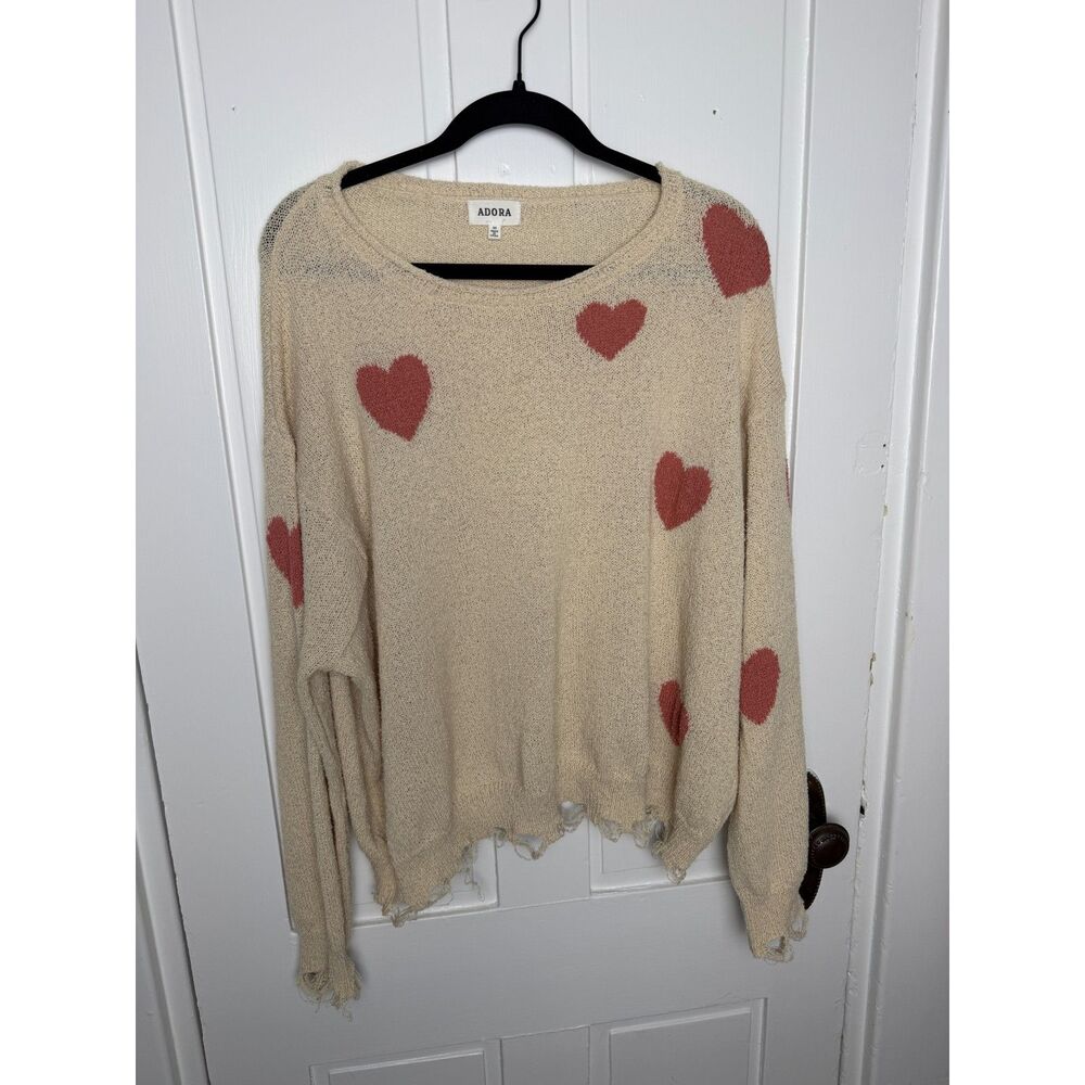 Adora Sweater Womens M Tan Heart Print Oversized Distressed Hem Knit Pullover
